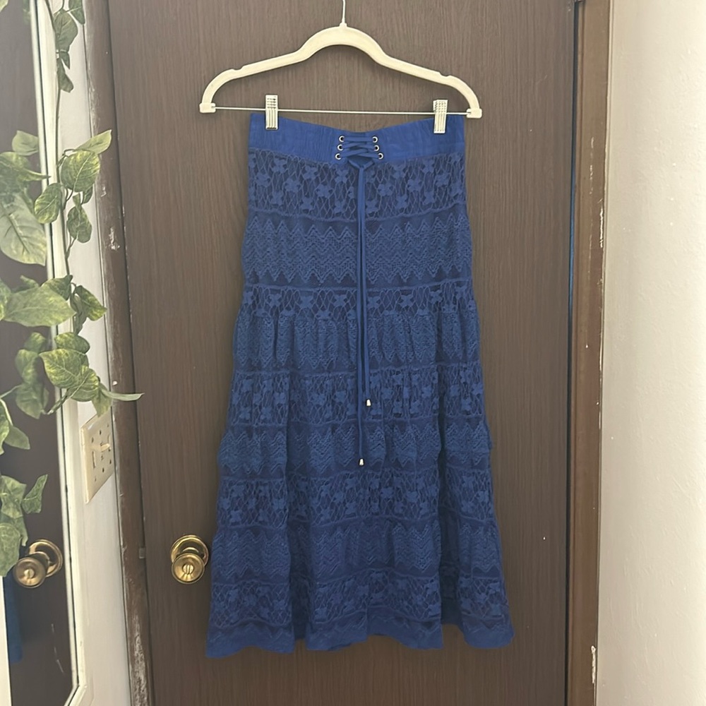 Lapis Blue Lace Overlay Midi Skirt Sz M